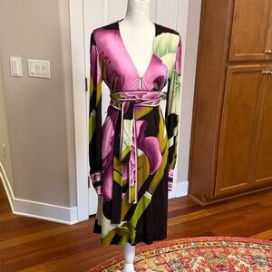 VINTAGE LEONARD PARIS DRESS FLORAL GRAPHIC SILK SZ 42 (10/12)